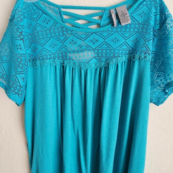 Baby doll spring boho Cottagecore green/ Teal Lace Short Sleeve pullover top L - Picture 2 of 7